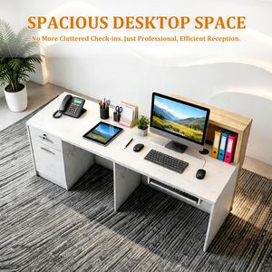 Mostrador de Recepción Moderno de 79 Pulgadas para Dos Personas, Mostrador de Oficina de Piedra con Cajones, Bandeja para Teclado y Gestión de Cables LED - Product Image 6