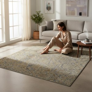 Modern Luxury Abstract Jacquard Damask Area <b>Rug</b>-Gold Silver <b>Grey</b> Low Pile Velvet Carpet for <b>Living</b> <b>Room</b> Hotel - Product Image 1