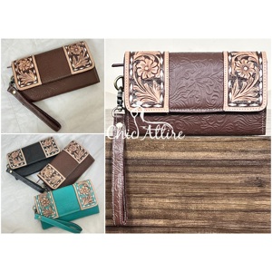 Premium Designer Latest Pattern Hand Tooled Cowhide Leather Wallet for Women With Wristlet High Quality Stylish Floral <b>Purse</b> - Product Image 1