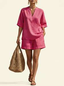 Women's 2 Piece <b>Linen</b> Shorts <b>Set</b> V Neck Short Sleeve Solid Blue Casual Loose Fit Spring Summer Breathable Daily Wear - Product Image 5