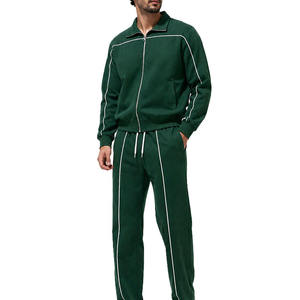 Custom Winter Casual <b>Velour</b> Tracksuit Set Grey Full Zip Jacket Jogger Pants Solid 100% Cotton Contrast Piping Streetwear Apparel - Product Image 3