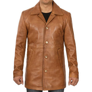 Manteau long en cuir véritable pour homme, col à revers, simple boutonnage, coupe classique, marron, boutons sur le devant, imperméable et respirant - Product Image 2