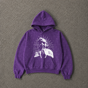 Sweat-shirt à capuche graphique en strass violets, motif abeille, coupe oversize, streetwear, en coton délavé, unisexe, style vintage urbain décontracté - Product Image 5