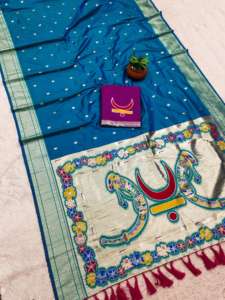 Sari en soie Pethani douce avec motifs tissés Zari Meenakari, sans plis, séchage rapide, pour tenue de fête traditionnelle, avec pallu à franges intégré - Product Image 6