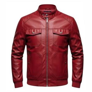 Blouson moto homme en cuir PU rouge, col montant, fermeture éclair, coupe ajustée, manches classiques, couleur unie, style motard, pour l'automne, tendance - Product Image 4