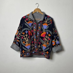 Veste bohème à fermeture éclair brodée de fleurs, col mandarin, manches longues, grande taille, vêtements d'extérieur pour femmes, vêtements d'automne - Product Image 5