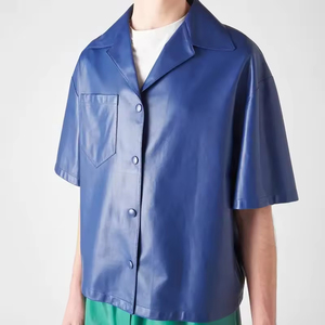 2026 New Design Custom Stand Collar Anti-Wrinkle Breathable <b>Half</b> Sleeve Blue Faux <b>Button</b> Down Chest Pocket Leather <b>Shirt</b> for Men - Product Image 6