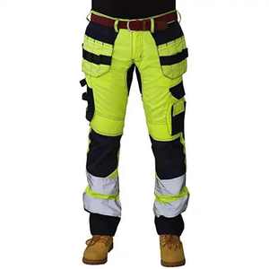 Pantalons de travail haute visibilité pour hommes, polyester, bande réfléchissante, pantalons de sécurité avec plusieurs poches pour les ouvriers du bâtiment - Product Image 1
