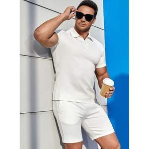 2025 hommes décontracté à manches courtes Polo Shorts ensemble couleur unie géométrique Texture 2 pièces tricoté tenues été survêtements - Product Image 5