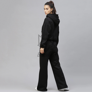 Conjunto Deportivo Negro con Capucha para Mujer, Manga Larga, Color Sólido, Corte Holgado, Pantalones Casuales para Correr con Bolsillos Laterales y Cintura con Cordón - Product Image 3