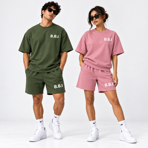 Conjunto de camiseta y pantalones cortos de streetwear personalizados para parejas, camiseta marrón extragrande para hombre, pantalones cortos, top corto lavanda para mujer, pantalones cortos deportivos, traje informal. - Product Image 5