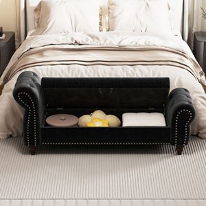 Panca letto imbottita in velluto nero da 164 cm con chiusura a bottoni e chaise longue contenitore per camera da letto - Product Image 4