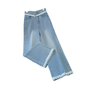 Jeans de Mezclilla de Cintura Alta y Pierna Ancha con Ribete de Encaje para Mujer – Pantalones Casuales de Estilo Coreano Vintage para Streetwear – Jeans de Moda con Dobladillo de Encaje 2025 - Product Image 1