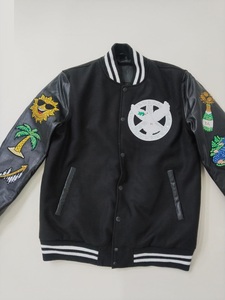 <b>Men</b> American Letterman Baseball School Team Varsity <b>Jacket</b> Black Real Leather Sleeves Black/<b>White</b> Lines - Product Image 3