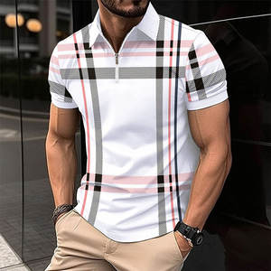 T-shirt décontracté pour homme en coton épais respirant, à manches courtes, imprimé à carreaux bleus, avec fermeture éclair sur le devant, taille 3XL - Product Image 1