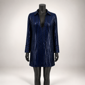Luxury Navy Blue <b>Sequin</b> Shirt Dress for Women Elegant Collared V Neck Midi Dress Long Sleeve Party Cocktail Evening Casual Wear - Product Image 1