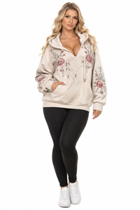 Sudadera con Capucha para Mujer, Beige, con Bordado Floral, Mezcla de Algodón, Tejido de Punto, Cierre de Cremallera, Bolsillos, Chaqueta Informal para Invierno/Primavera, Logotipo Frontal - Product Image 2