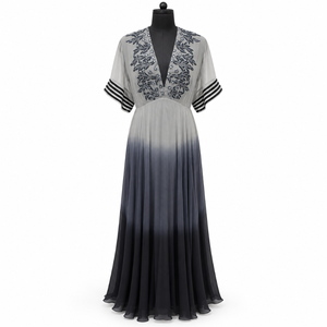 Vestido de Noche con Bordado Floral y Efecto Ombre |   Vestido Largo con Escote en V Profundo y Manga Corta, Estilo Línea A, para Fiestas, Bodas, Eventos Formales - Product Image 1