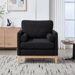 Poltrona Singola Moderna Stile Fattoria da 90 cm con Gambe in Legno Naturale e Base in Legno per Lettura nel Soggiorno - Product Image 2