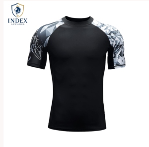 INDEX APPAREL Men's Black Geometric Print <b>Raglan</b> <b>Sleeve</b> Quick Dry Slim Fit Sporty <b>T</b>-<b>Shirt</b> O-Neck Knitted Polyester - Product Image 1