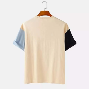 Camiseta Unisex Beige con Bloques de Color, Mangas en Contraste, Estilo Casual de Verano, Cuello Redondo, Bolsillo, Algodón Suave, Estilo Urbano Minimalista - Product Image 2