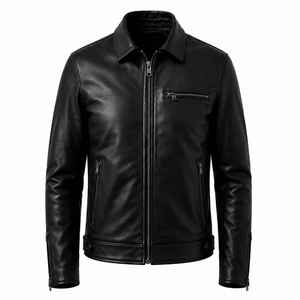Blouson moto en cuir véritable noir, manches longues, col rabattable, fermeture éclair, coupe-vent, vêtement d'extérieur décontracté toutes saisons - Product Image 1