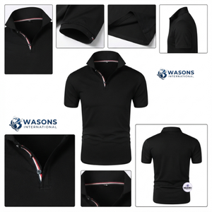 Camiseta Polo de Punto Negra para Hombre WASONS INTERNATIONAL, Manga Corta, Color Sólido, Estilo Casual, Corte Regular, Diseño con Botones - Product Image 1