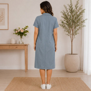 Robe de maternité boutonnée, longueur genou, manches courtes, en coton respirant, col rabattu, coupe ample, pour l'été - Product Image 4