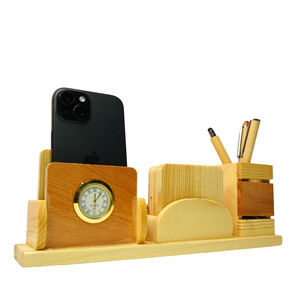 Soporte y Organizador de Escritorio Ecológico de Madera con Reloj y Diseños Personalizados - Regalo de Oficina para el Hogar o Bodas - Product Image 1