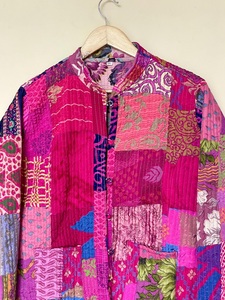 Nivisaa Indian Handmade Reversible Patchwork Kantha Quilted Wool Jacket Boho Streetwear <b>Coat</b> Womens Winter Vintage Puff Sleeve - Product Image 3