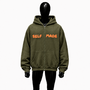 Custom Olive Zip Up <b>Hoodie</b> Oversized Streetwear Self Made <b>Orange</b> 3D Puff Print Logo Full Zipper Sweatshirt Unisex Wholesale Wear - Product Image 1