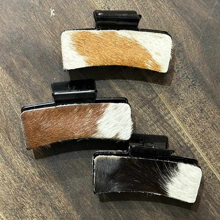 New 2024 Fashion Genuine Leather Hair Claw Western Cowhide Hair Clips & Cowhide Luxury Oval Shaped Hair Stick Women's Sets