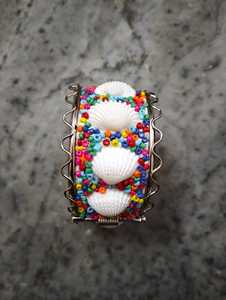 Handmade Embroidered Hinged Cuff Bracelet with Shell Beads and Gold <b>Mirror</b> Boho Fashion Jewelry - Product Image 6