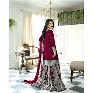 SSR Fancy Red <b>Top</b>-Gharara and Dupatta Set with Heavy Embroidery and Sequence Work <b>Modest</b> Clothing - Product Image 5