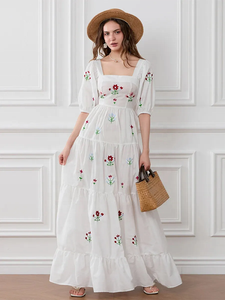 Vestido Maxi de Algodón Blanco Estilo Boho Chic con Bordado Floral a Mano para Mujer, Cuello Cuadrado y Mangas Abullonadas, Vestido Largo con Bordado de Flores - Product Image 6