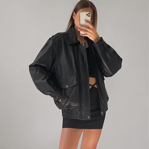Women's <b>Black</b> PU Leather Bomber <b>Jacket</b> Full Sleeve Turn-down Collar Zipper Closure Autumn Style Windproof - Product Image 5