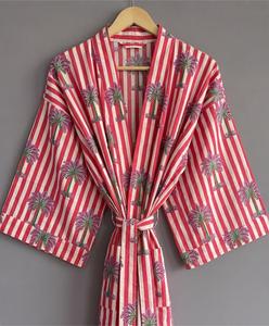 Robe Kimono en Coton à Imprimé Tropical, Rayures Rouges et Blanches, Motif Palmier, Coupe Ample, Manches Trois-Quarts, Robe Maxi Casual - Product Image 3