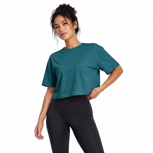 Top corto de color verde azulado para mujer, cuello redondo, manga corta, corte holgado, color sólido, tejido de punto, informal, para primavera y verano - Product Image 1