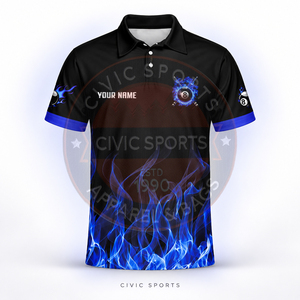 Polo de billard personnalisé pour homme, motif flamme bleue 8 balles, manches courtes, sublimation, maillot d'équipe, tissu polyester, haute qualité - Product Image 5