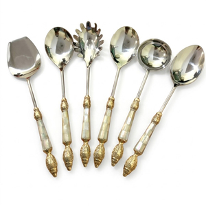 Ensemble de couverts en or avec incrustation de nacre, manche en résine, acier inoxydable de qualité supérieure, style nordique moderne, cuillère, fourchette, couteau - Product Image 3