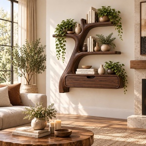 Étagère murale en bois contemporaine unique, faite à la main, avec plusieurs étagères et tiroirs pour la maison, le bureau, la salle d'étude, la bibliothèque - Product Image 1
