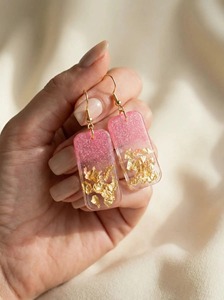 Handmade Resin Earrings <b>Pink</b> Gold Leaf Rectangular Dangle Fashion Jewelry Valentine's Day <b>Gift</b> - Product Image 3