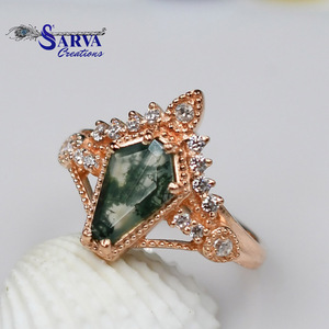 Anillo de compromiso y boda vintage de plata de ley chapada en rodio con gema de ágata musgosa natural, forma de ataúd, hecho a mano, llamativo - Product Image 2