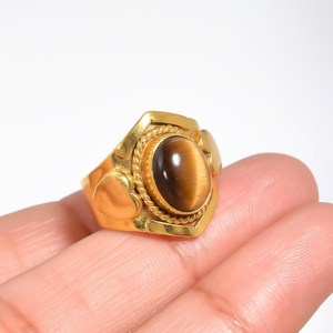 Handmade Gold Vermeil Cabochon Aesthetic Heart Side Statement Brass <b>Ring</b> Natural <b>Tiger</b> <b>Eye</b> Stone Christian Bohemian Jewelry - Product Image 4