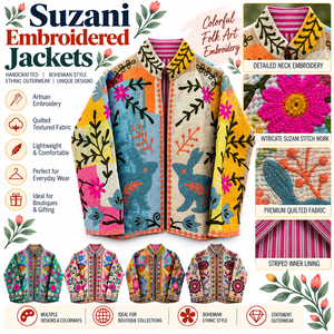 Chaquetas de Otoño Bordadas Suzani 100% Algodón para Mujer, Coloridas, Acolchadas, Estilo Boho, Arte Folclórico Floral, Forro a Rayas, Artesanal - Product Image 6