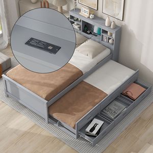 Cama Plataforma Tamaño Individual con Cabecera con Almacenamiento y Carga USB, Cama Nido con 3 Cajones en Gris, Cama Gris con Almacenamiento y Carga USB - Product Image 1