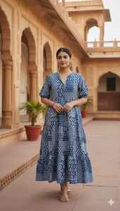 Robe longue mi-longue en coton bleu marine à imprimé artisanal, manches bouffantes, style ethnique bohème, taille naturelle, écologique, indienne - Product Image 6