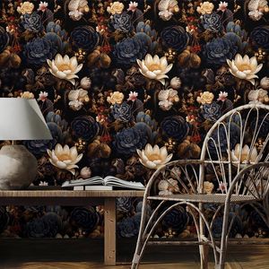 Carta da Parati Nera con Piante Succulente e Fiori Bianchi/Rossi, Facile da Applicare, Stile Vintage per Decorazione Casa - Product Image 3