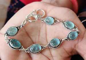 Blue Aquamarine 925 Sterling Silver Bracelet Bohemian Charm Handmade Gemstone Jewelry Gift Women Men - Product Image 3