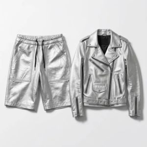 Custom Men's Metallic Silver PU <b>Leather</b> <b>Jacket</b> & Shorts Set – Fashion Streetwear Outfit - Product Image 1